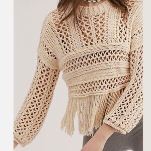 Free People Higher Love Fringe Crochet Sweater in Cream